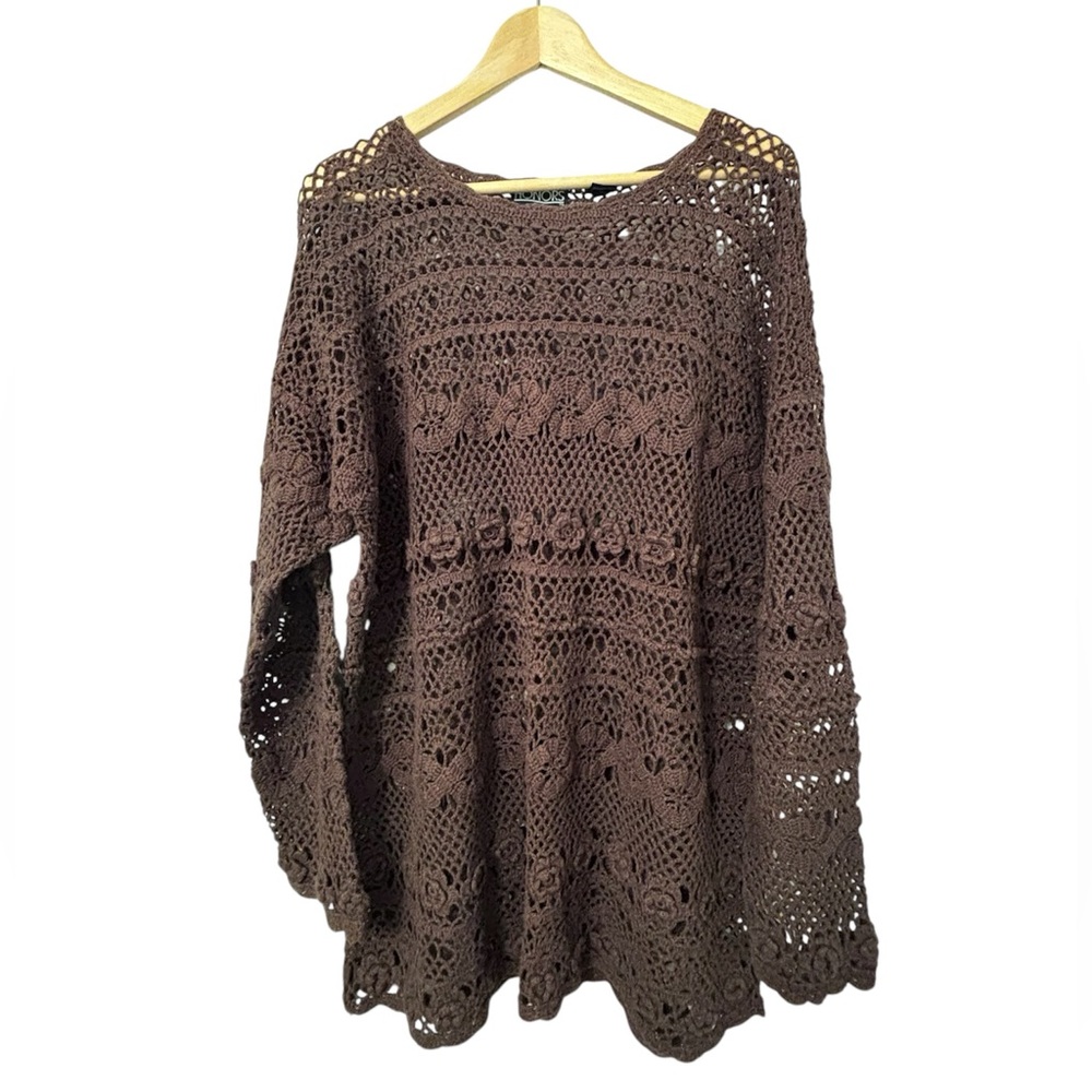 Vintage Brown Crochet Knit Honors Sweater Cottagecore Boho Coastal Sz M